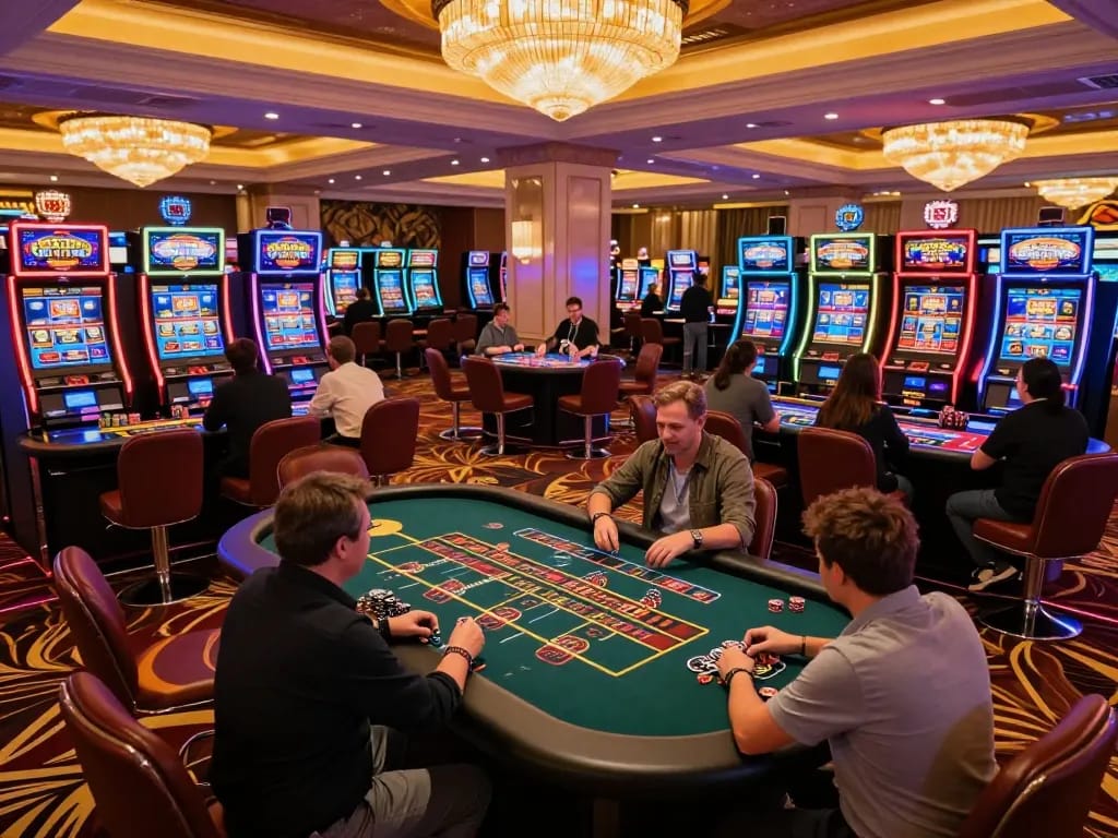 Pemain menikmati permainan roulette yang intens di lantai casino 88Pulsa yang hidup, menunjukkan kegembiraan dan permainan yang strategis.