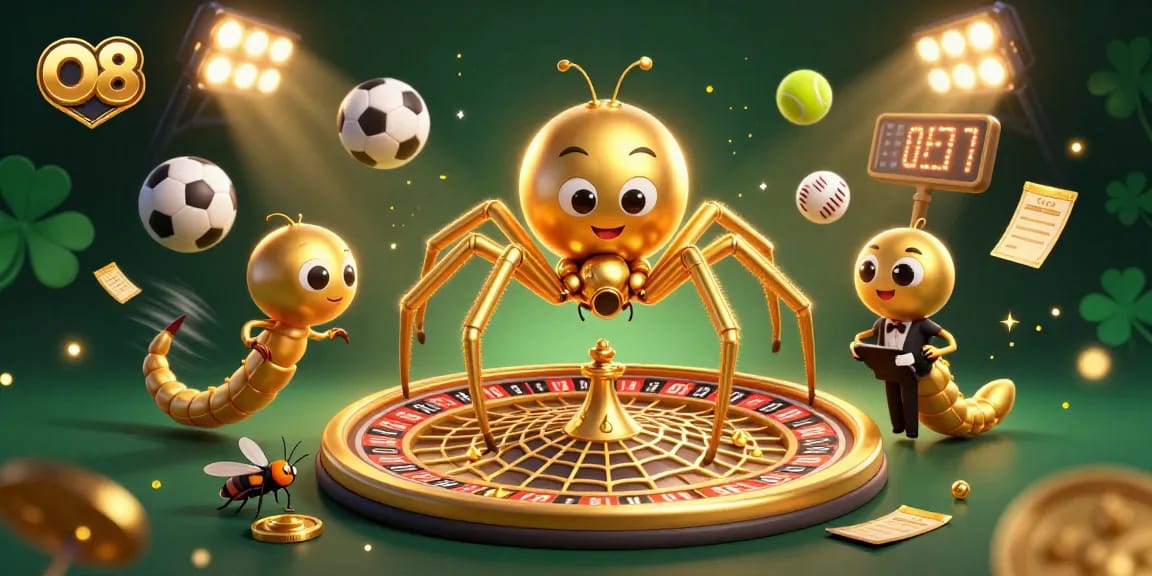 Bet with O8 at a vibrant 3D casino scene featuring a roulette wheel web and sports elements.