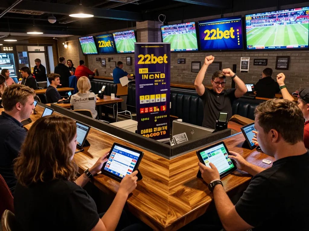 22bet users engaging in sports betting with mobile devices, capturing a lively sports bar atmosphere