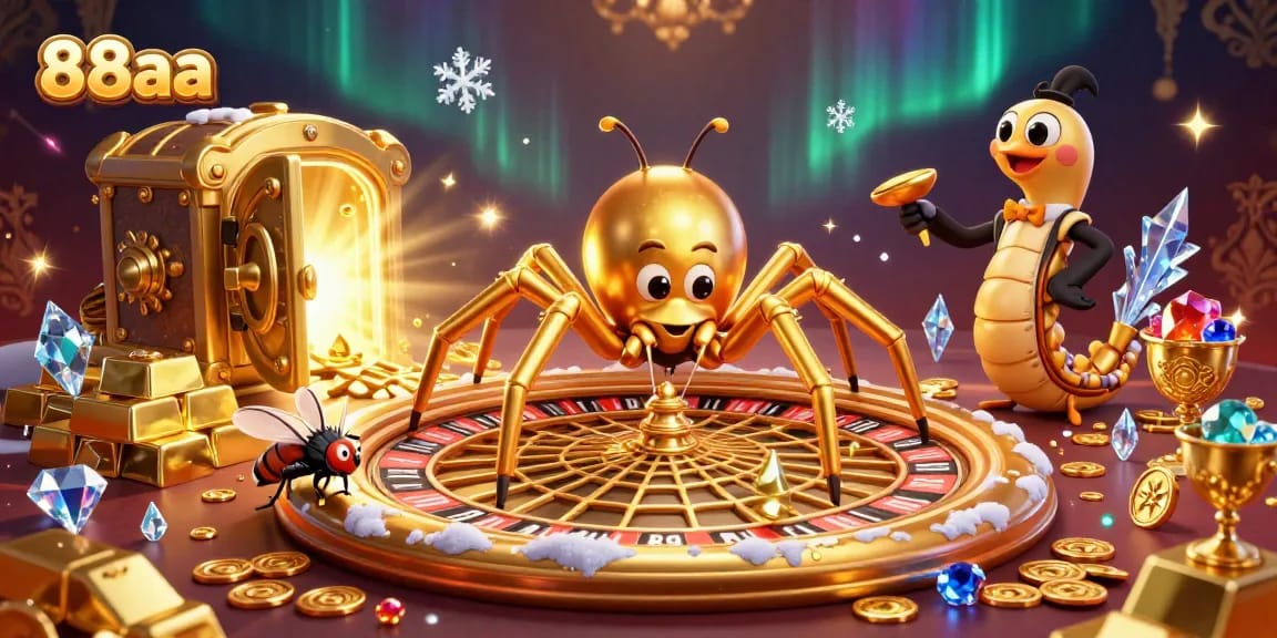 Experience the excitement of 88aa as a fly nervously bets at a roulette wheel web, surrounded by treasure.