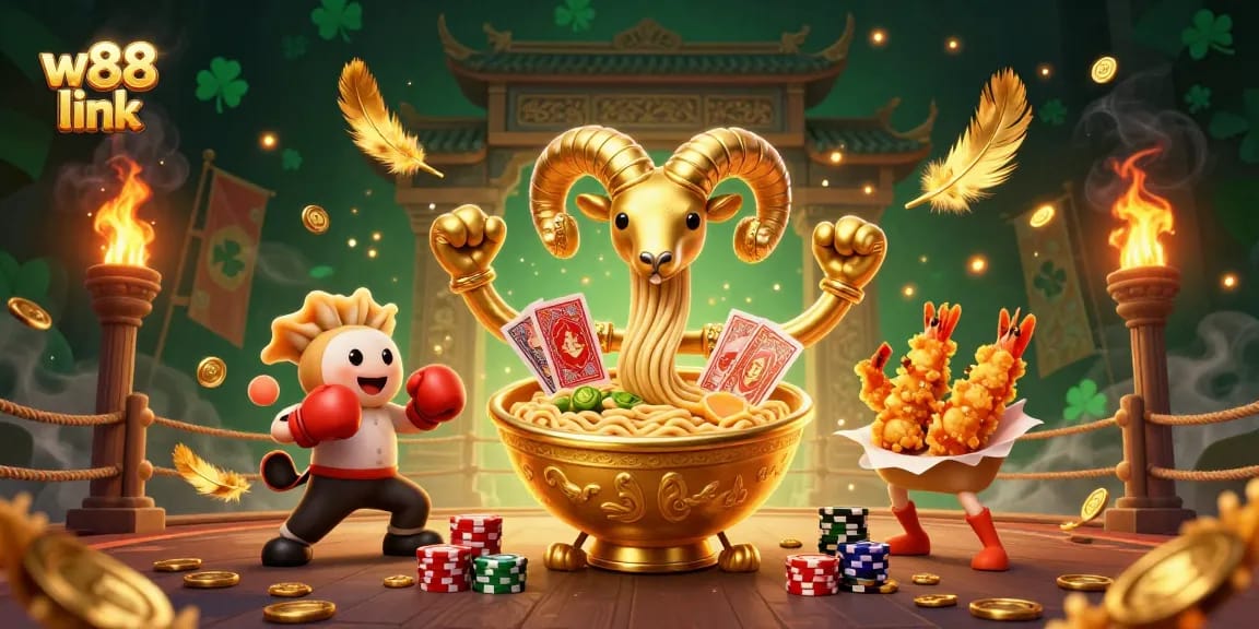 Engage with the w88 link in a vibrant 3D casino scene featuring a giant ramen bowl dealer.