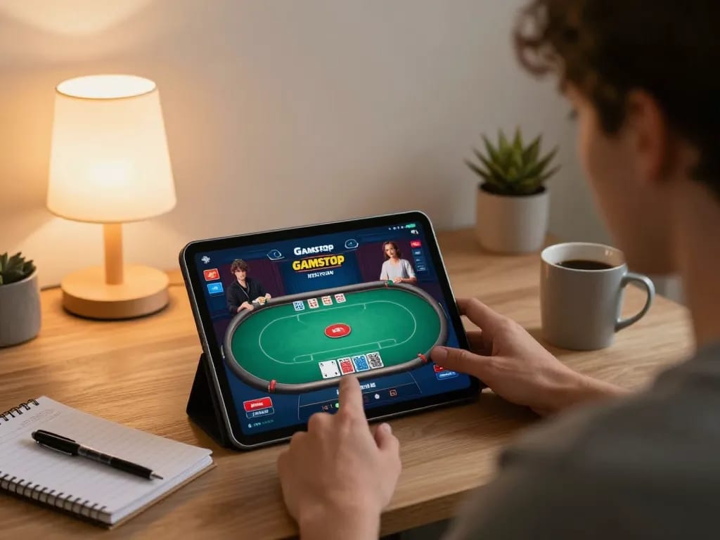 Engaged player accessing casinos not on Gamstop through tablet while focusing on poker strategy.