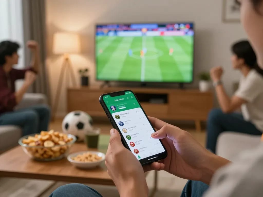 Engaged in kèo bóng đá trực tuyến sports betting at home, using a smartphone app amidst cheering friends.