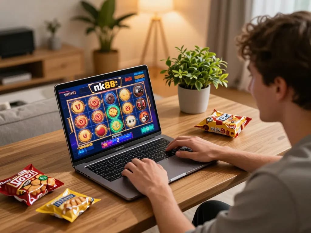 Engaging with nk88 bet online slot game on laptop in a cozy home setting, showcasing excitement