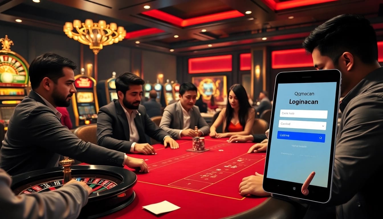 A thrilling casino scene showcasing diverse players at a poker table with advanced gaming technology illustrating qqmacan login features.