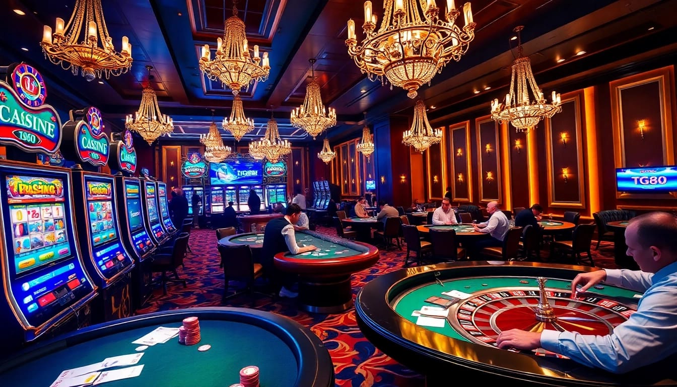 Engaged gamblers enjoying a thrilling TG88 casino experience with vibrant slot machines.