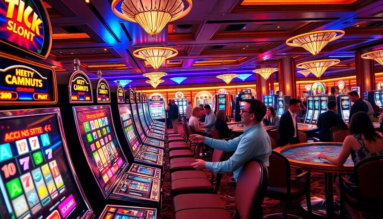 Experience the thrill of IDN slot machines with vibrant visuals of excited players and jackpots.