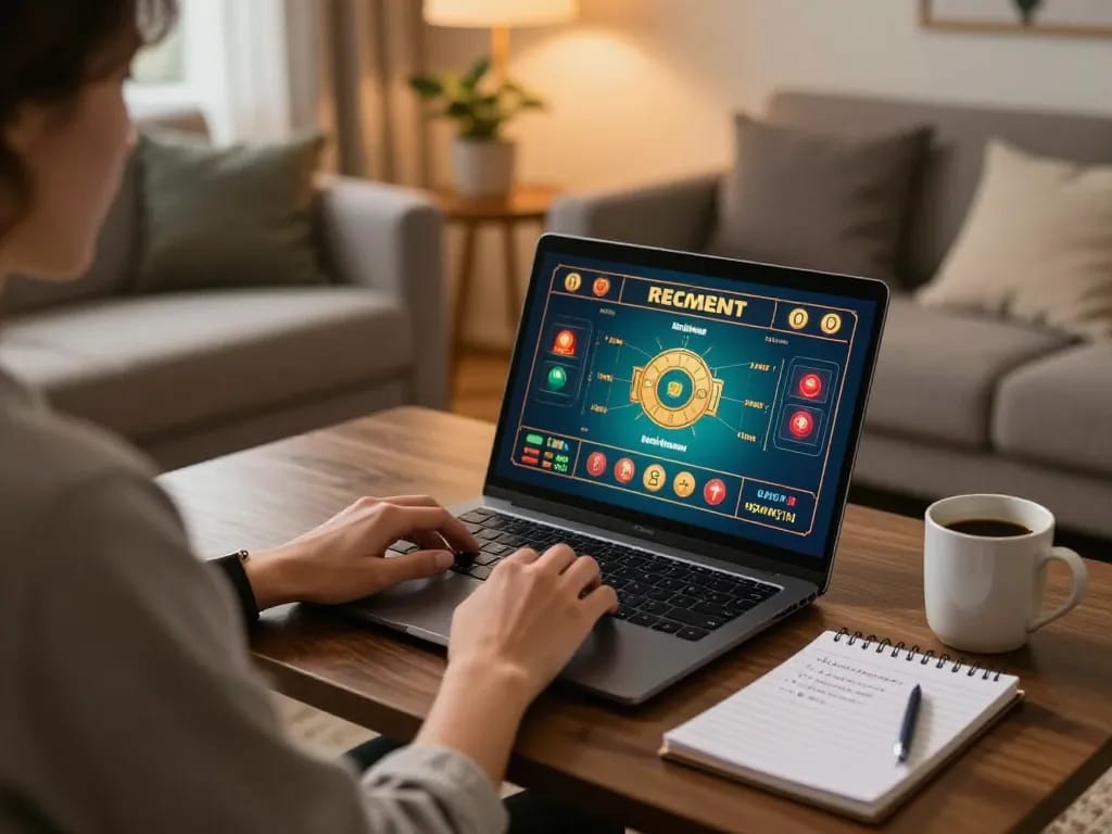 Engaged player utilizing the mm88 link for online casino gaming with strategic notes nearby.