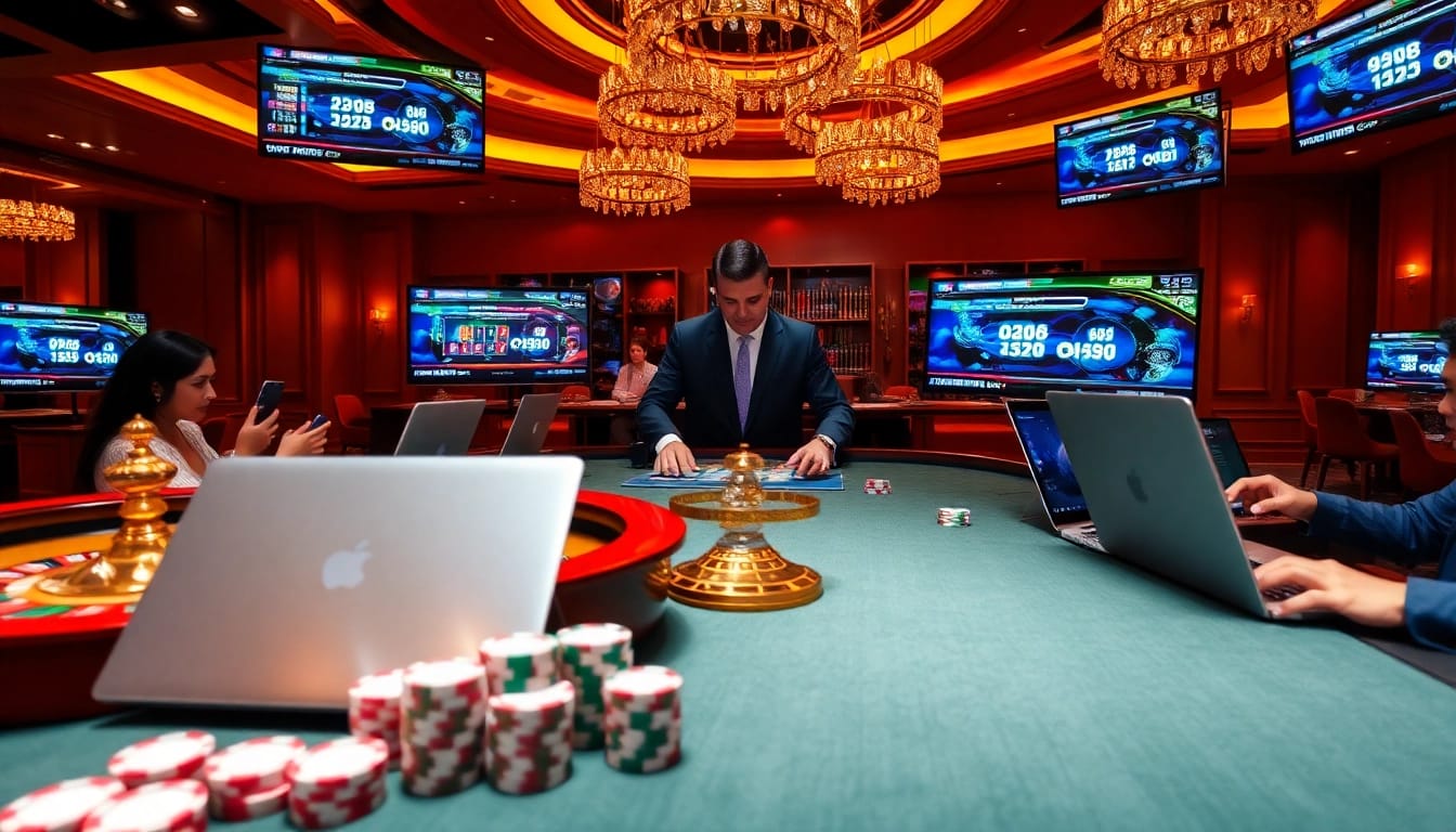 Experience the excitement of gambling at https://xx88.today/ with a luxurious online casino scene showcasing virtual games and players.