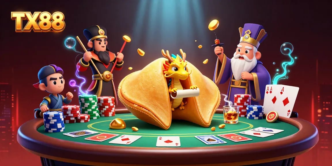 Engage with the dynamic TX88 casino scene, featuring fantasy characters and poker elements.