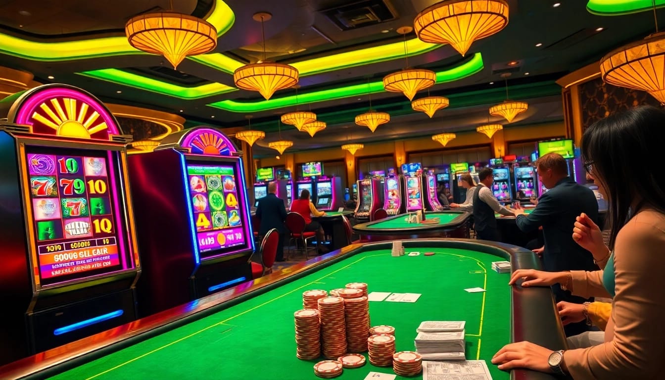 Slot gacor scene showcasing an elegant casino with vibrant slot machines, excited gamblers, and high-stakes betting.