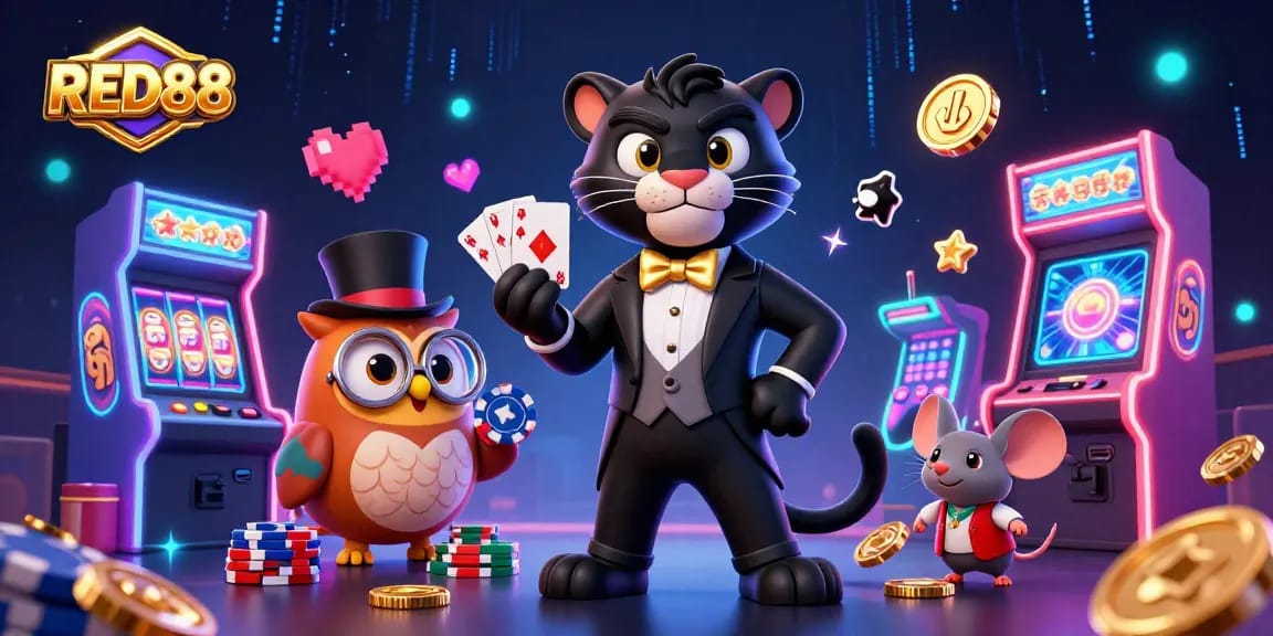 Experience excitement at RED88 with a stylish tuxedo panther, poker chips, and slot reels.