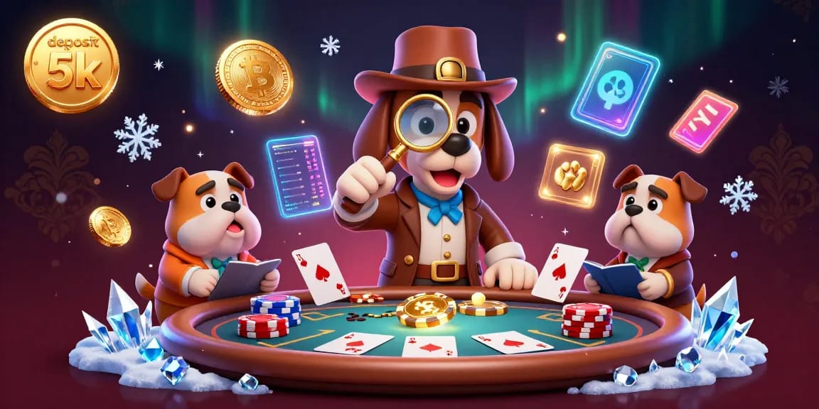 Engage in thrilling poker actions with the deposit 5k reveal in a vibrant 3D illustration featuring detective characters.