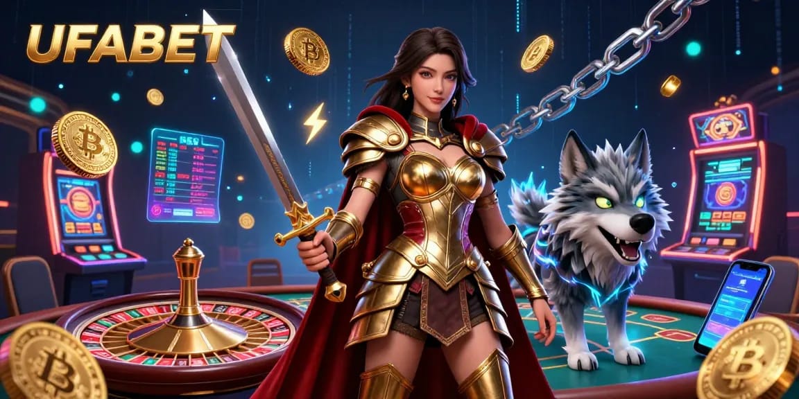 Engage with UFABET in an ultra-detailed casino scene featuring vibrant characters and digital currency elements.