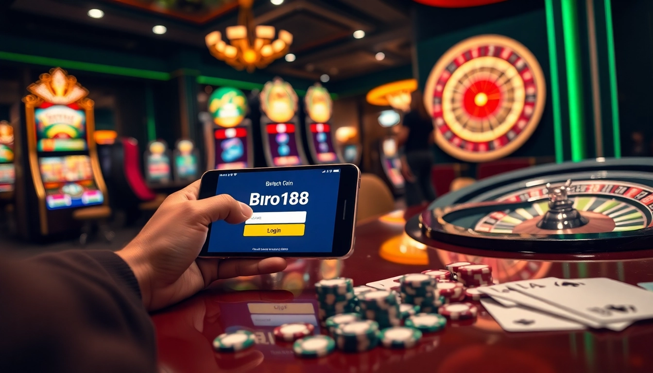 Experience thrilling gameplay on Bro138 login with an immersive casino atmosphere featuring slot machines and a roulette wheel.