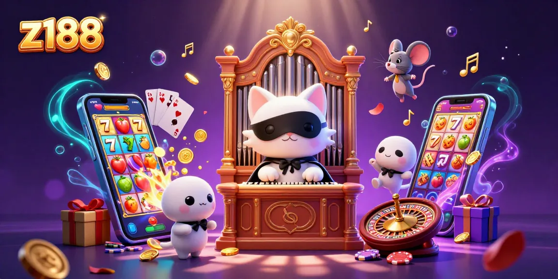 Engage with z188 through vibrant slot games, featuring a whimsical cat in a casino scene.