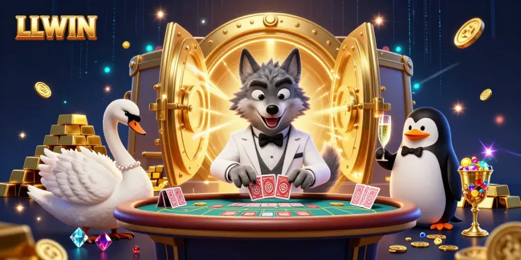 LLWIN features a whimsical casino scene with a debonair wolf, elegant swan, and sophisticated penguin, showcasing vibrant treasures.