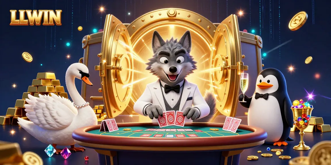 LLWIN features a whimsical casino scene with a debonair wolf, elegant swan, and sophisticated penguin, showcasing vibrant treasures.