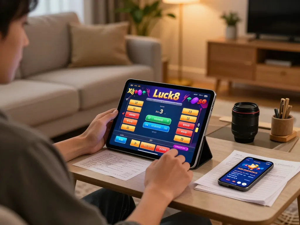 Xổ số Luck8 player engaging with vibrant tablet interface in cozy living room for online gaming.