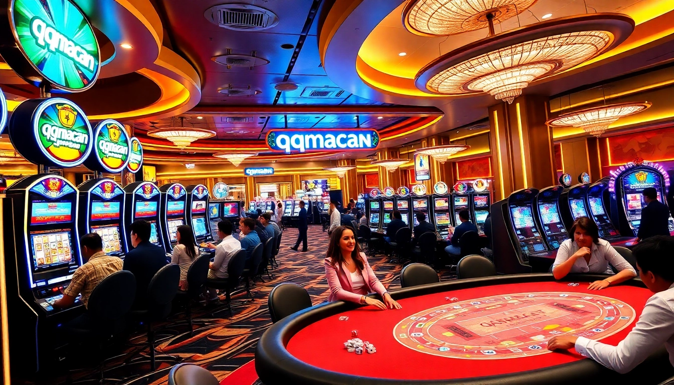 Players celebrated their wins at slot machines with qqmacan branding in a luxurious casino atmosphere.