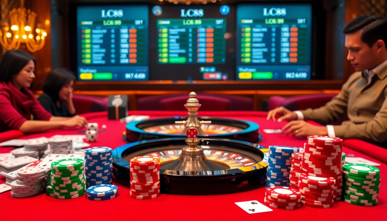 Experience thrilling gambling action with LC88 at a vibrant casino table filled with chips and cards.
