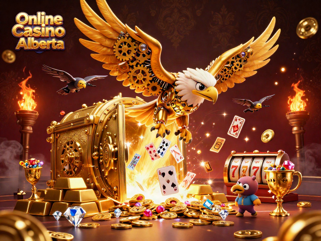 Immerse yourself in the vibrant scene of Online Casino Alberta featuring a golden eagle soaring through playing cards amid treasures.