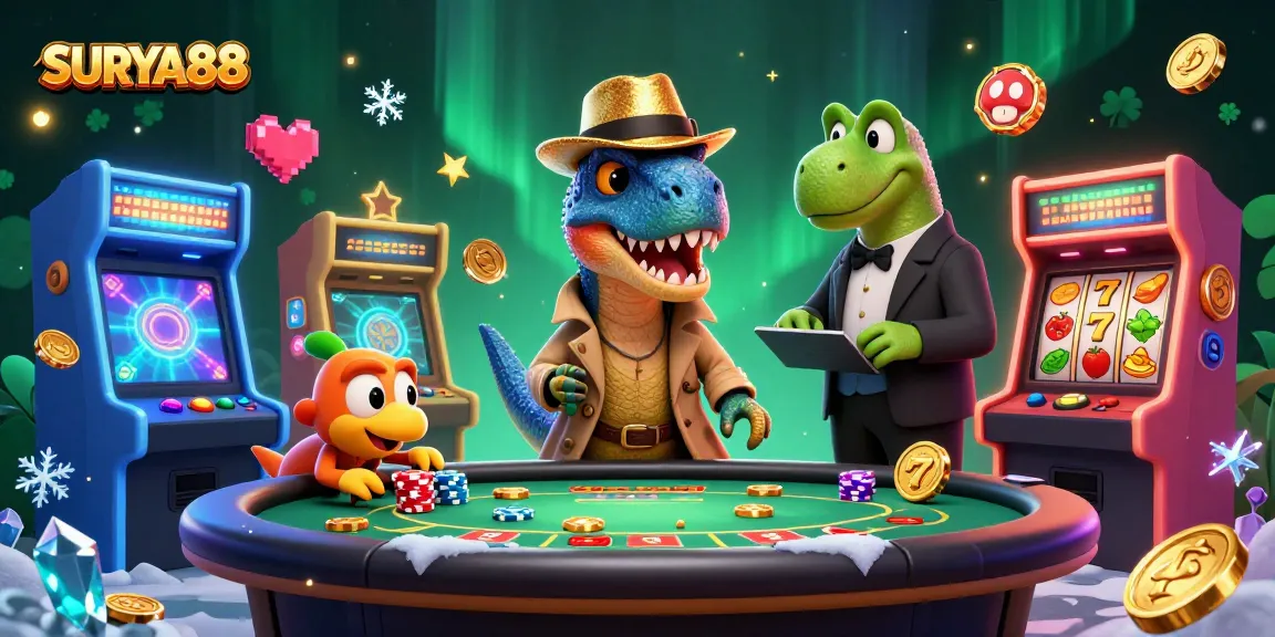 Engage in thrilling gameplay at SURYA88 with cartoon dinosaurs and vibrant casino elements.