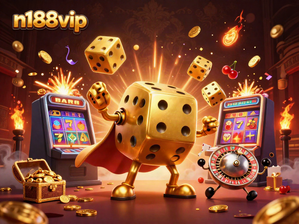 Engage in thrilling gameplay at n188vip with a vibrant 3D gaming scene showcasing exciting casino elements.
