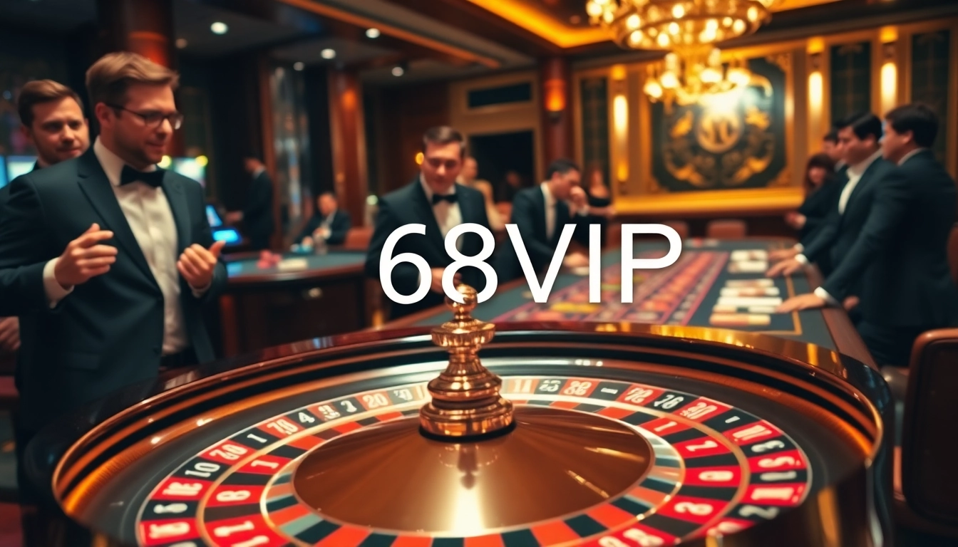 Players enjoying high-stakes gambling experience at 68VIP casino with roulette and poker tables.