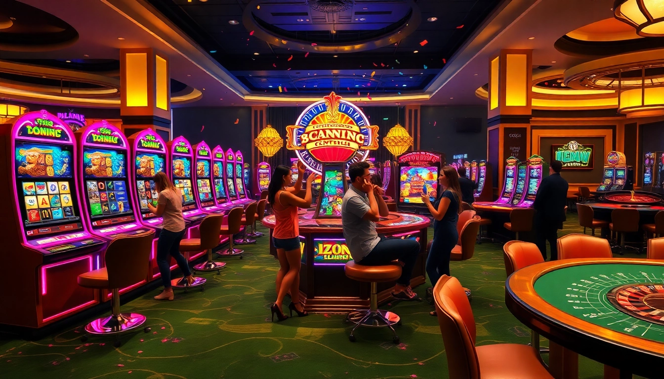 Experience the excitement of slot bonuses in a vibrant casino setting filled with enthusiastic players.
