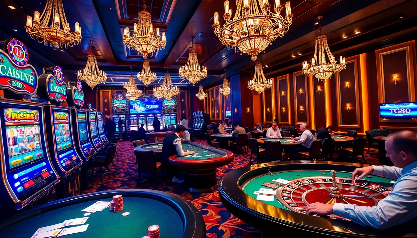 Engaged gamblers enjoying a thrilling TG88 casino experience with vibrant slot machines.