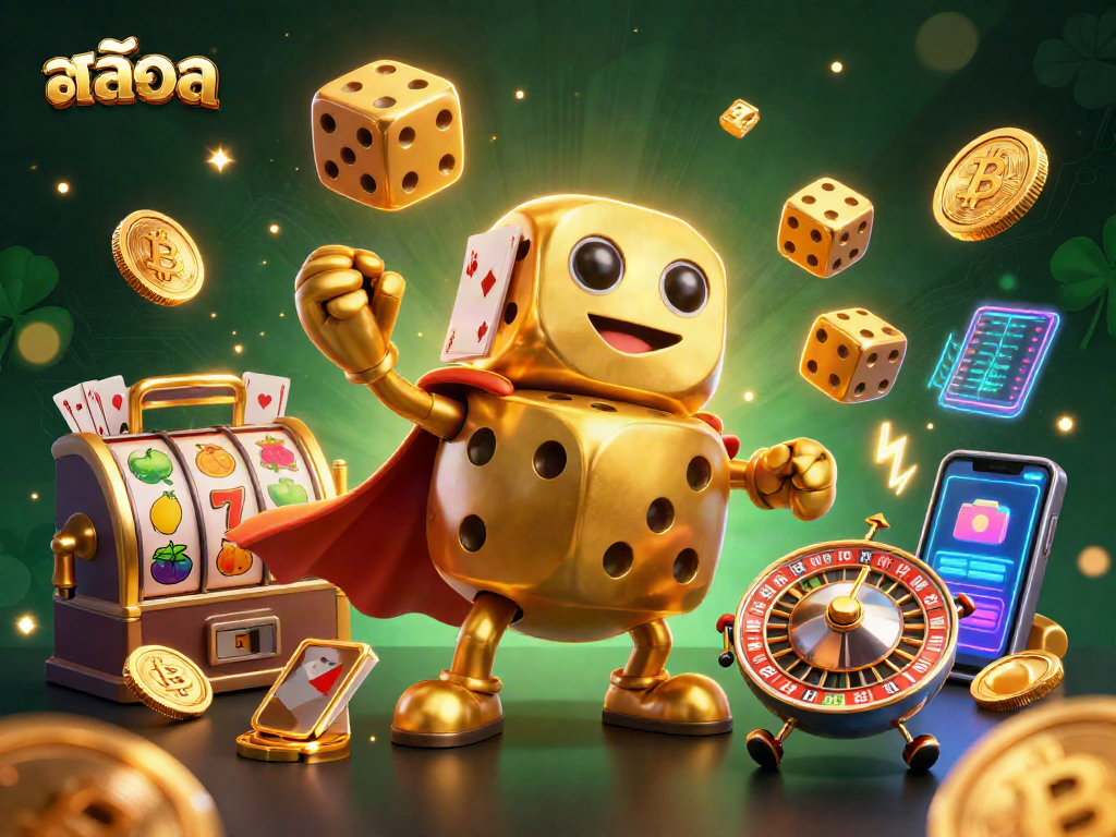 Watch สล็อต characters juggles in a vibrant casino scene filled with digital lights.