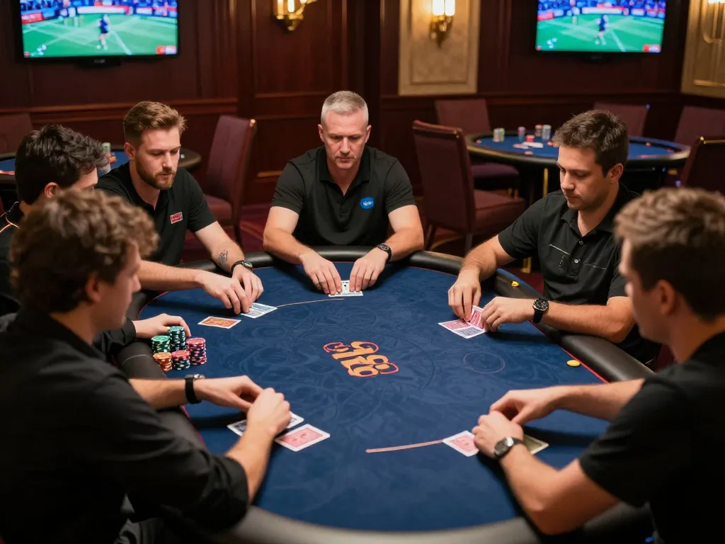 J188 poker players engaged in a high-stakes game, showcasing strategic moves and competitive atmosphere.