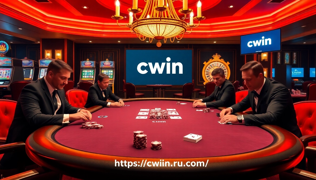 Players strategizing at a poker table, highlighting https://cwin.ru.com/ for an immersive casino experience.
