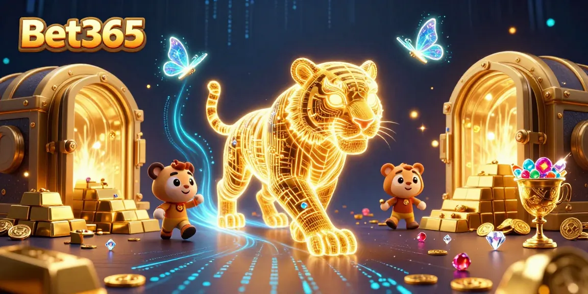 Bet365 showcases a neon-wireframe tiger in an electrifying casino scene packed with glittering treasures.