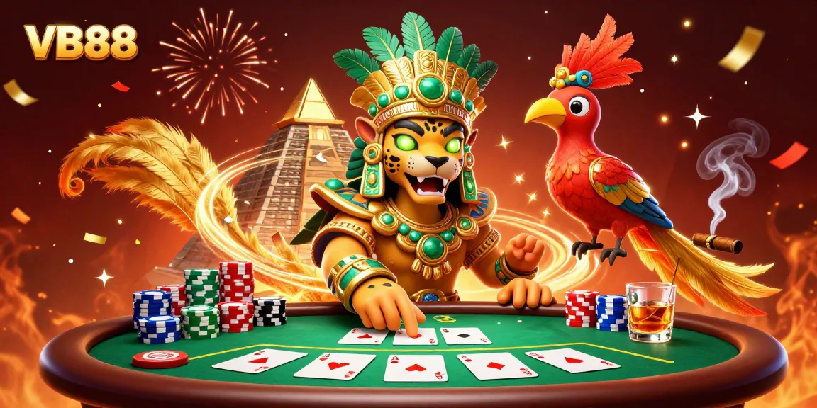 Experience thrilling VB88 gaming action with vibrant poker elements and legendary figures in a casino scene.