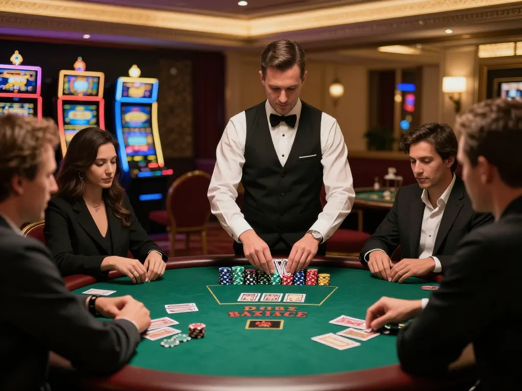 Pemain merumuskan strategi di meja blackjack situs toto di kasino mewah dengan dekorasi yang cerah.