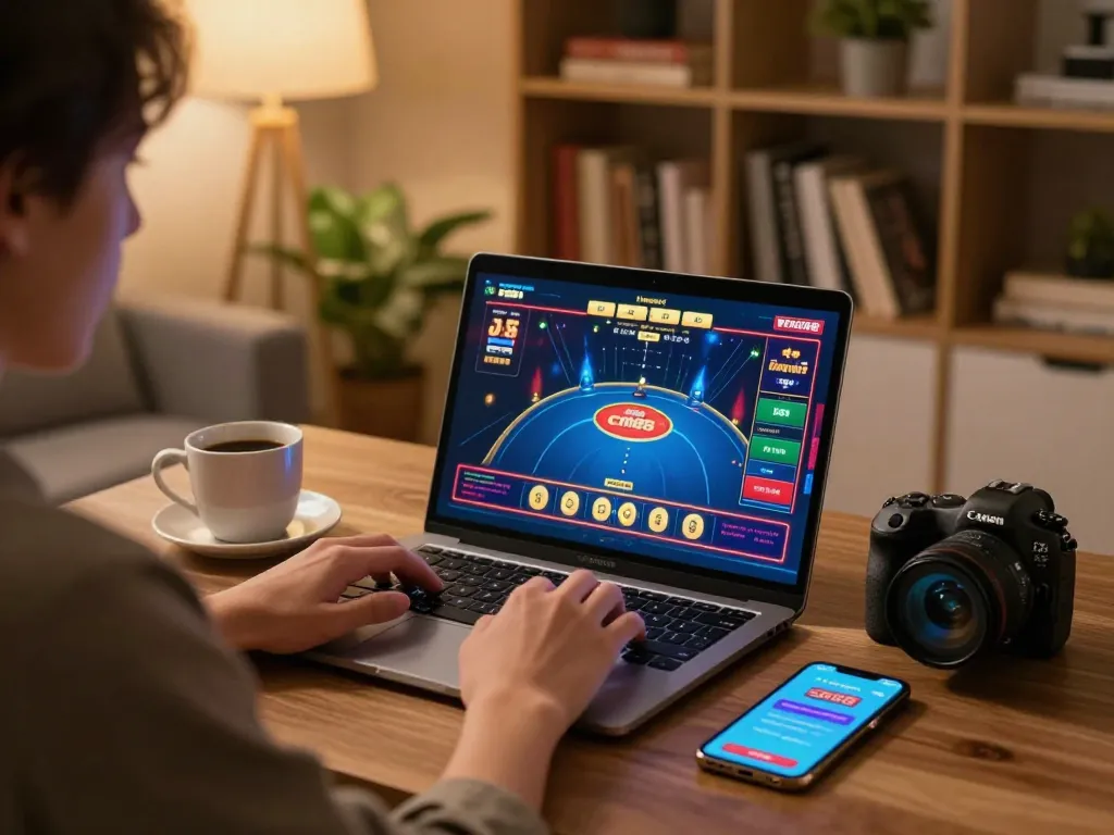 Engaged player using nhà cái cm88 app on tablet during an online gaming session.