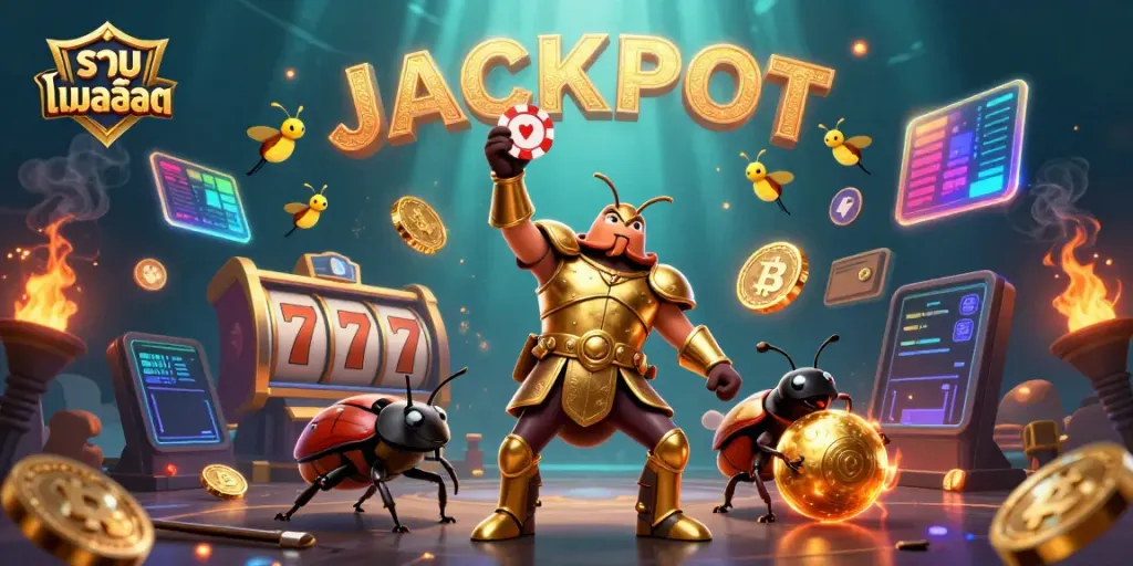 Engage in รวมเกมสล็อต as 3D beetle characters celebrate wins in a lively casino scene.