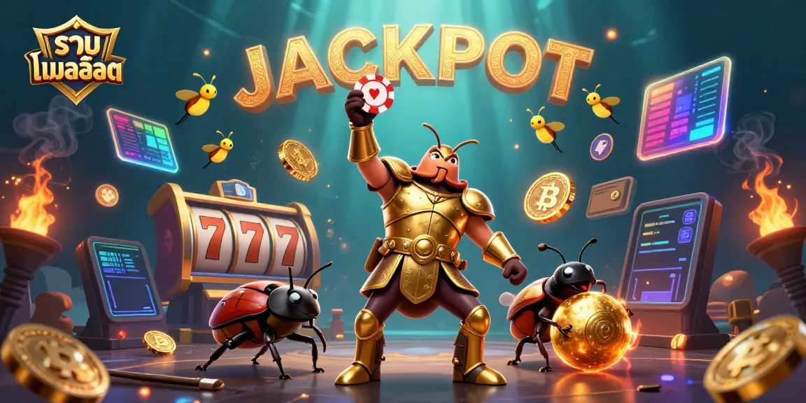 Engage in รวมเกมสล็อต as 3D beetle characters celebrate wins in a lively casino scene.