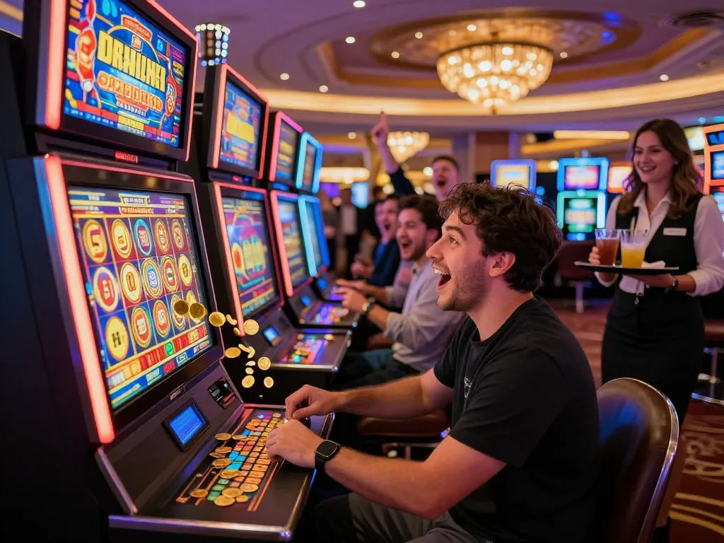 Player celebrating a jackpot win at a Dragon Link slot machine in a lively casino atmosphere.