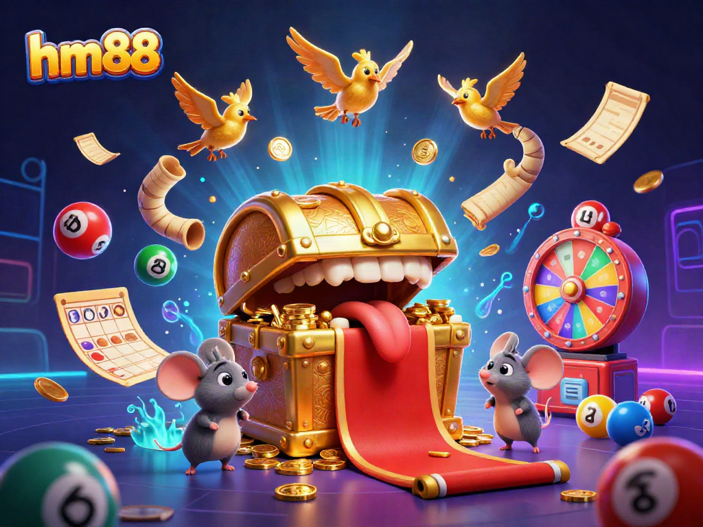 Engaging scene depicting hm88's vibrant gaming atmosphere with exciting lottery and casino elements.