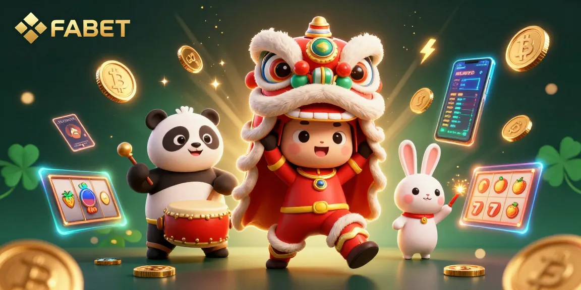 Experience thrilling gameplay with FABET, featuring a lively illustration of a lion dance and vibrant casino elements.