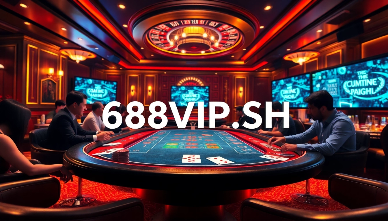 Players engage in an exciting poker game at 68VIP.SH, featuring vibrant casino elements like chips and cards.