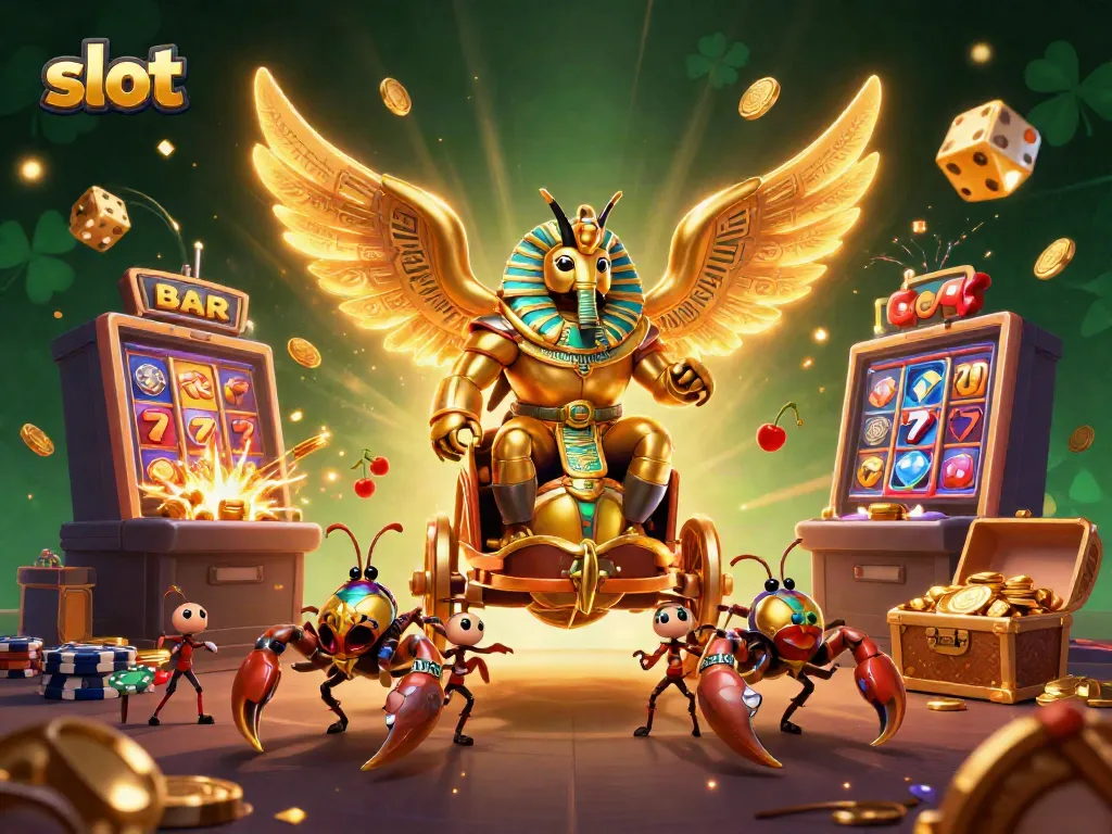Mesin slot dengan jackpot berlimpah dan karakter karnaval yang menarik di sekitarnya.