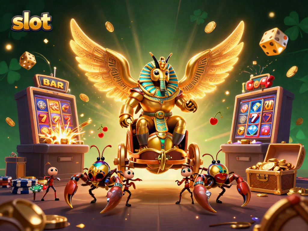 Mesin slot dengan jackpot berlimpah dan karakter karnaval yang menarik di sekitarnya.