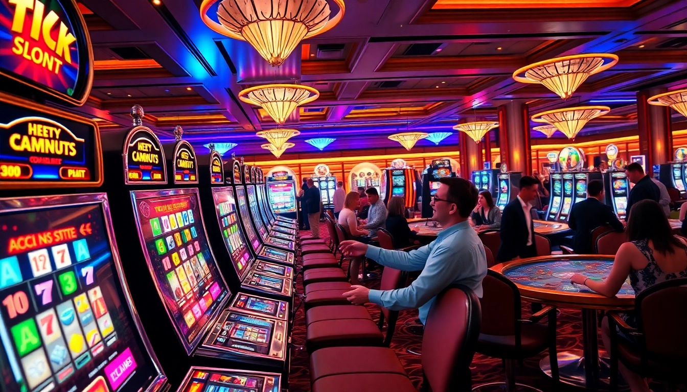 Experience the thrill of IDN slot machines with vibrant visuals of excited players and jackpots.