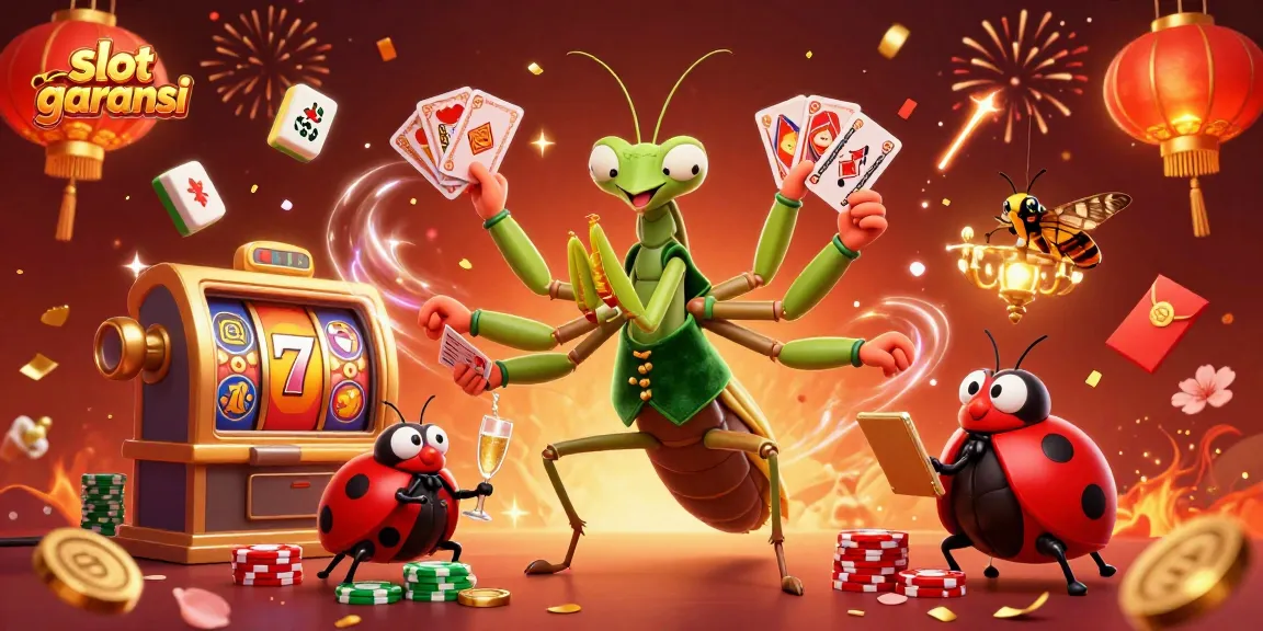 Engage with slot garansi through a vibrant casino scene featuring characters and festive elements.