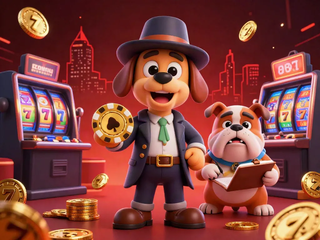 Menangkan slot gacor dengan detektif bergaya kartun memeriksa chip poker emas di kasino.