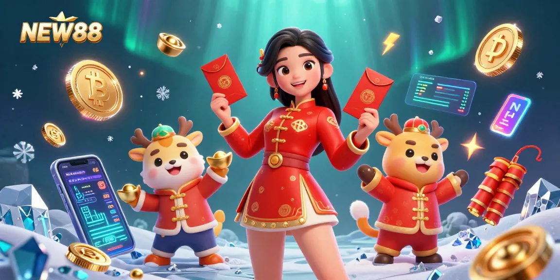 Experience the vibrant festivities at NEW88 with our Asian-themed casino illustration featuring festive characters and dynamic gaming elements.